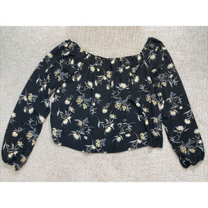 Off the Shoulder Black Floral Boho Peasant Blouse Top Black/Multi Size S